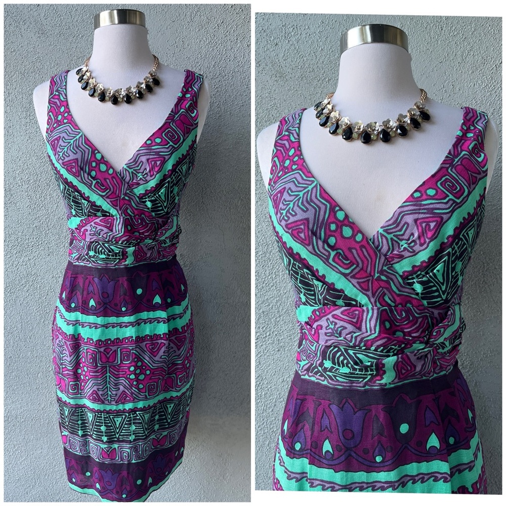 NWOT Nanette Lepore Purple Teal Silk & Linen Midi Dress Sleeveless V-Neck